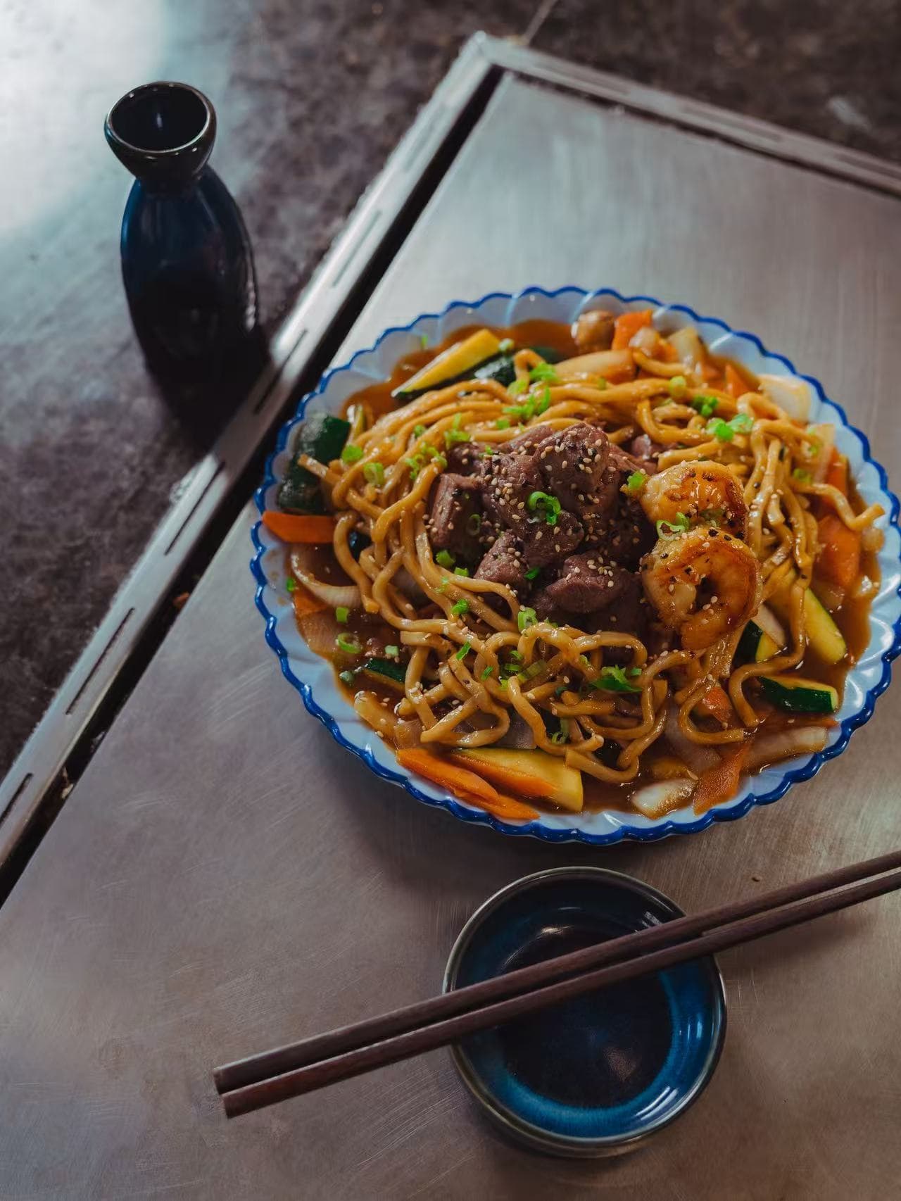 Teppanyaki beef and noodles