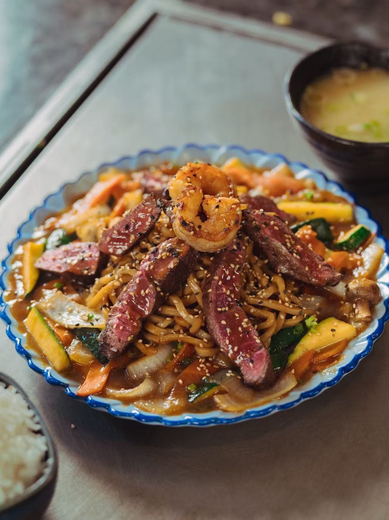 Teppanyaki steak, shrimp, noodles and vegetables at EDOKO